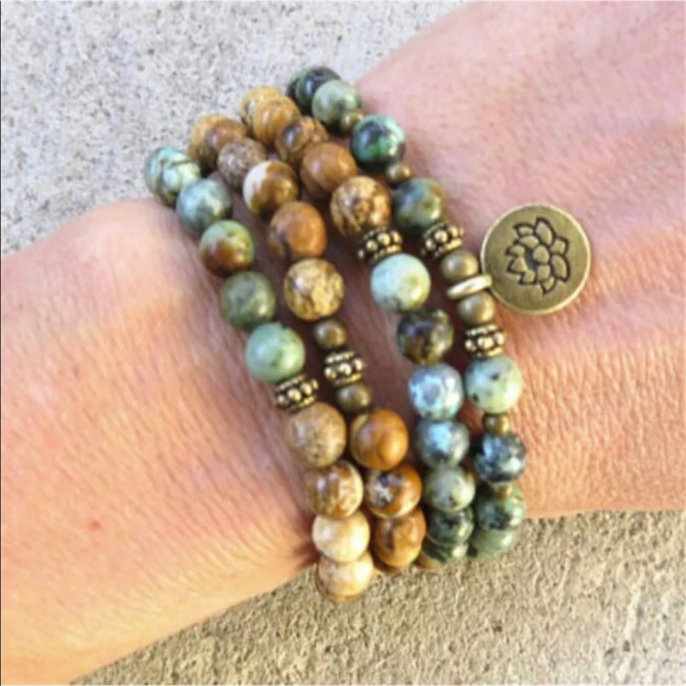 African turquoise and picture jasper Mala bracelet 6mm - Picture 2 of 6